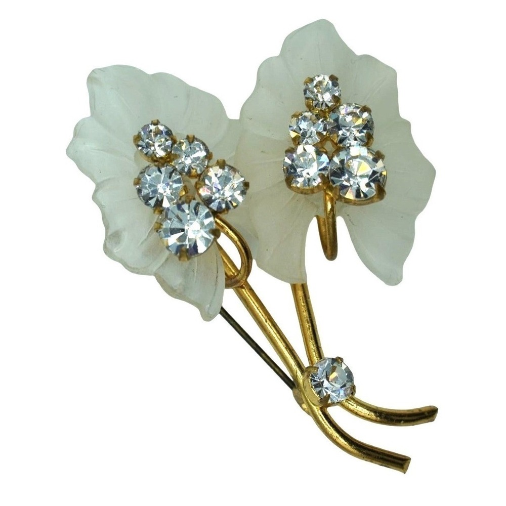 Vintage Austria Brooch Lucite Flowers Rhinestones Floral Spray Signed Jewelry